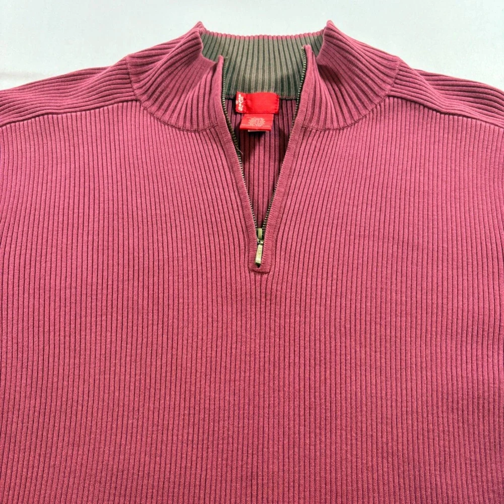Levis Quarter Zip Sweater Mens Large Burgundy Ribbed Cotton Mock Neck Pullover